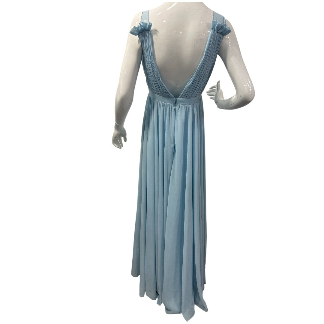 Leena for Mac Duggal Blue Chiffon V-Neck Sleeveless Pleated Maxi Gown