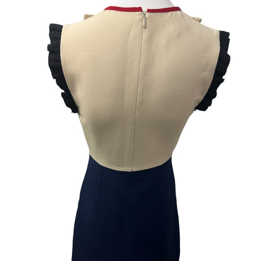 Gucci Beige Navy Silk Wool Ruffle-Trimmed Sleeveless Mini Dress Women's