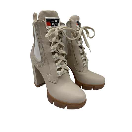 Prada Vanilla Leather and Neoprene Lace Up Combat Platform Boots