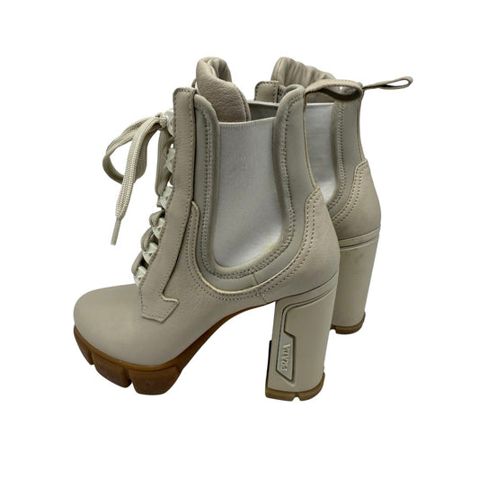 Prada Vanilla Leather and Neoprene Lace Up Combat Platform Boots