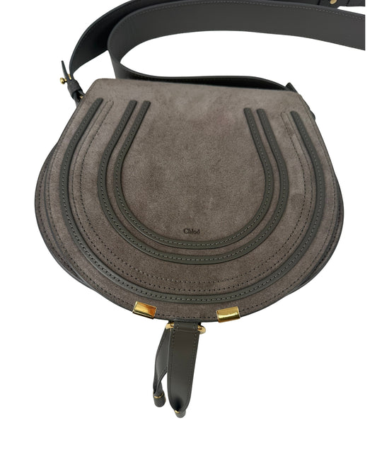 Chloe Marcie Grey Suede Saddle Crossbody Bag Gold Hardware Dust Bag