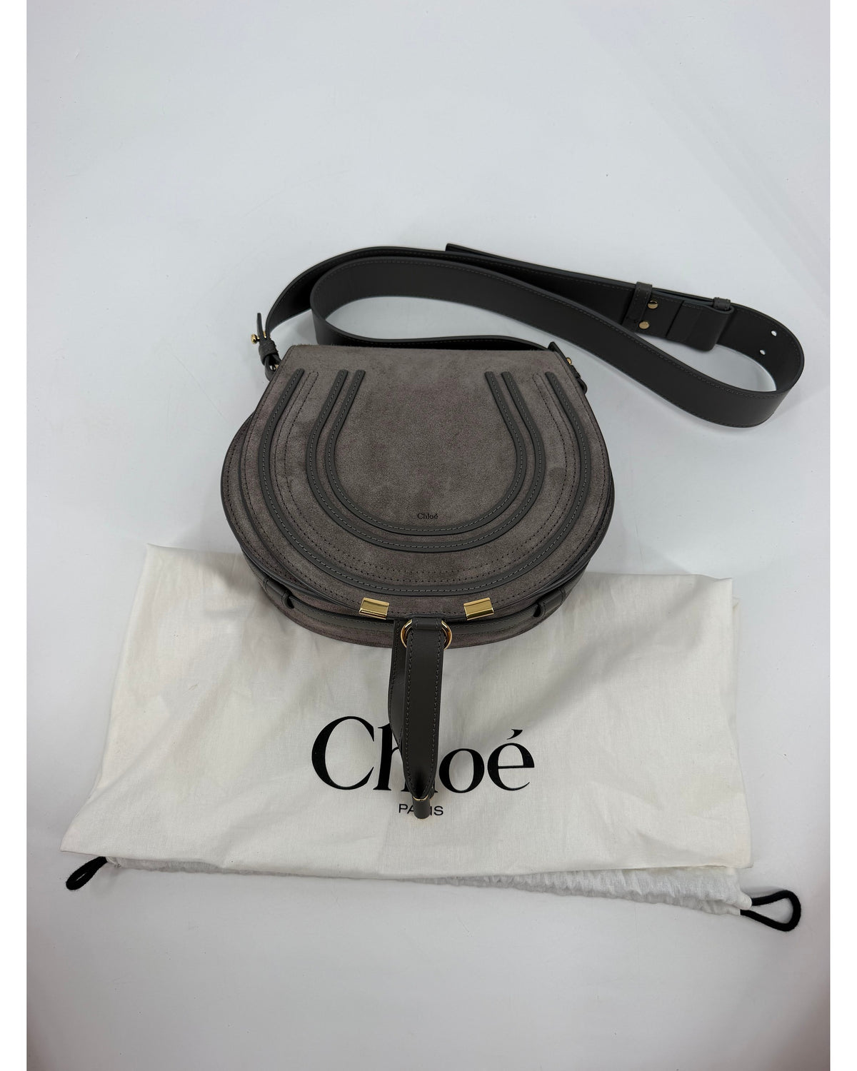 Chloe Marcie Grey Suede Saddle Crossbody Bag Gold Hardware Dust Bag