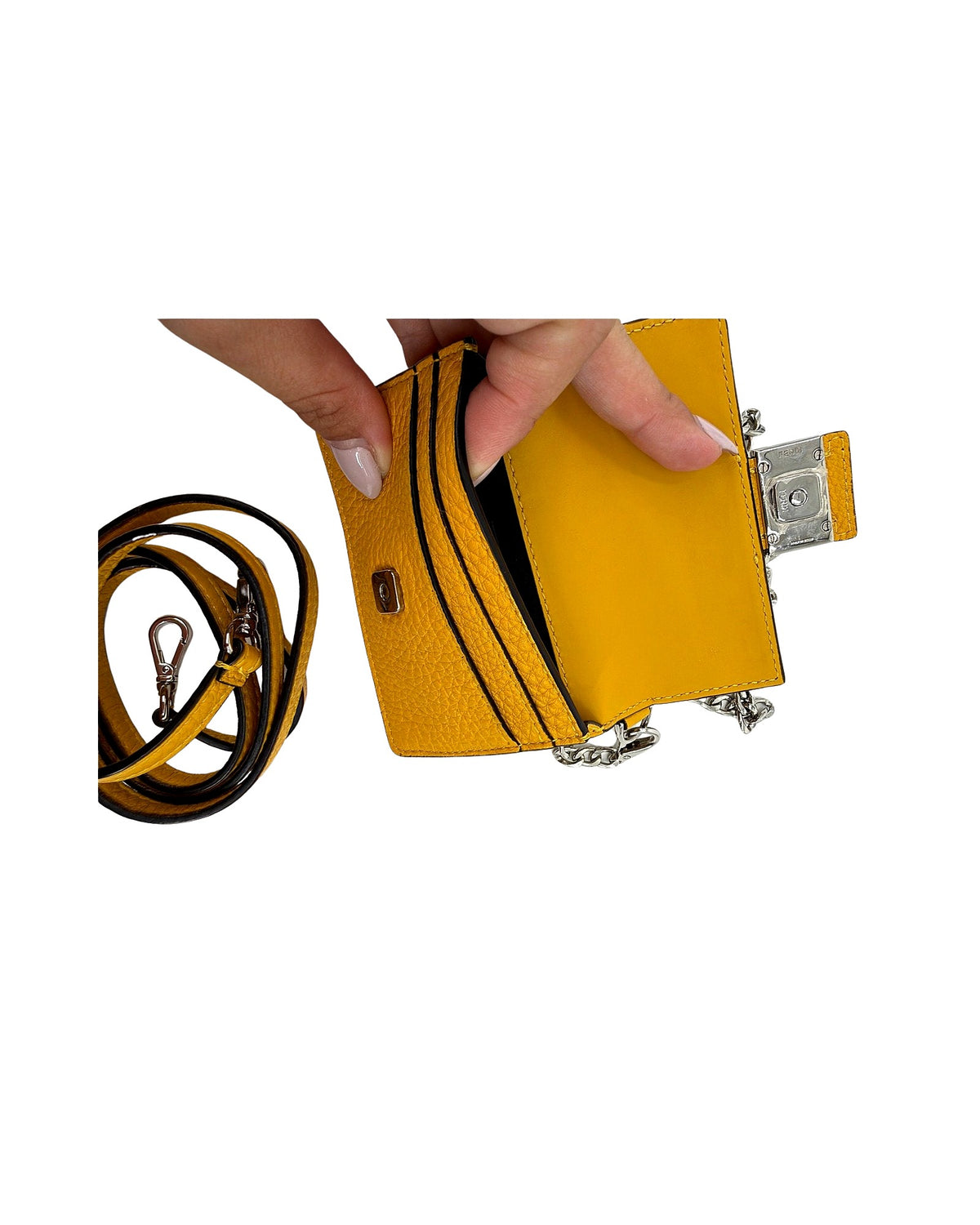 Fendi Mamma Baguette Mini Wallet on Chain Yellow Grained Leather FF Crossbody