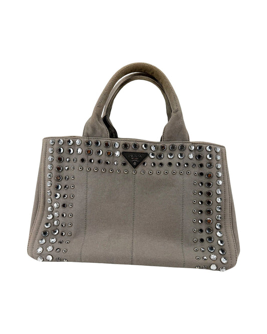 Prada Canapa Studded Crystal Canvas Tote Grey Convertible Shoulder Bag w/ Strap