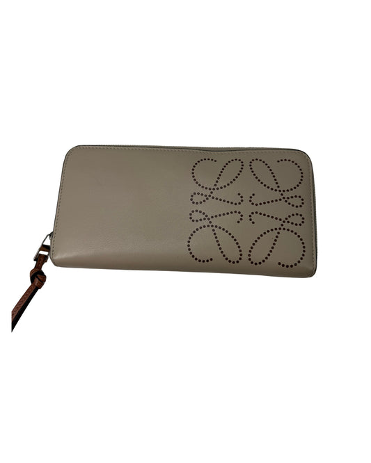 Loewe Anagram Perforated Beige Leather Zip Around Wallet Tan Strap
