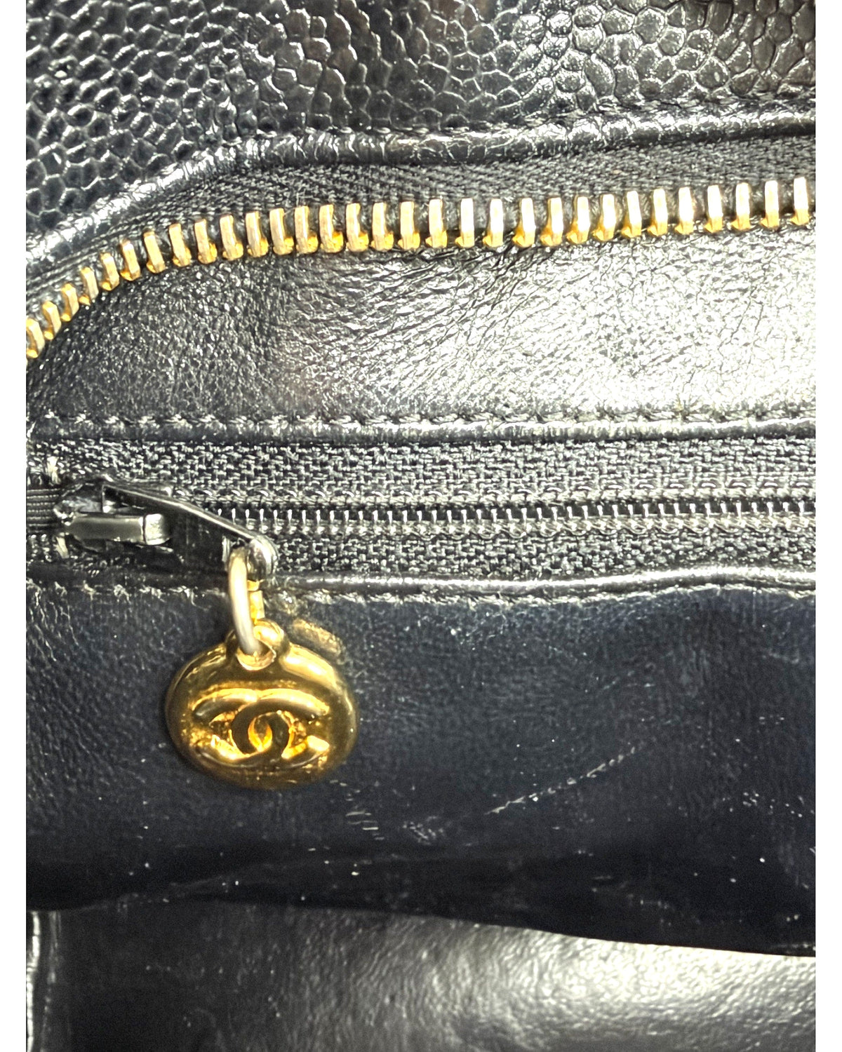 Chanel Black Caviar Quilted Medallion Tote Bag Gold Hardware CC Charm Vintage