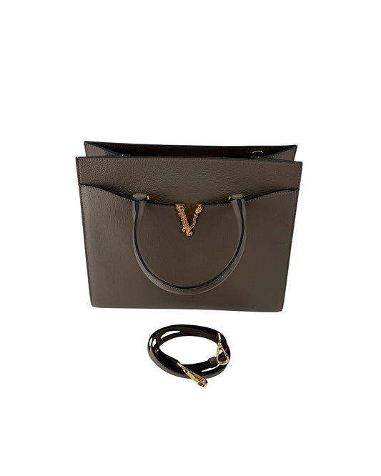 Versace Virtus Large Top Handle Bag Taupe Grey Grainy Calf Leather Gold V NEW