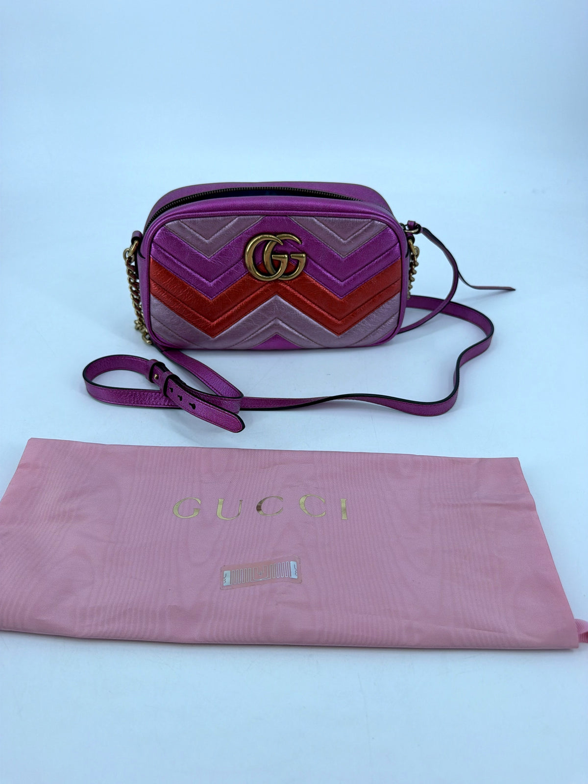 Gucci GG Marmont Small Matelasse Camera Bag Metallic Pink Red Chevron Heart 447632