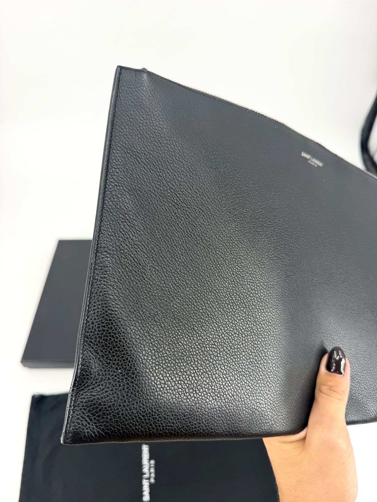 Saint Laurent Black Grain de Poudre Leather Zipped Tablet Holder Pouch