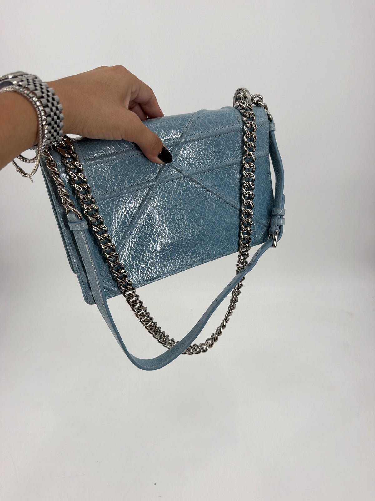 Christian Dior Diorama Medium Flap Bag Light Blue Crackled Patent Leather Dragonfly Silver