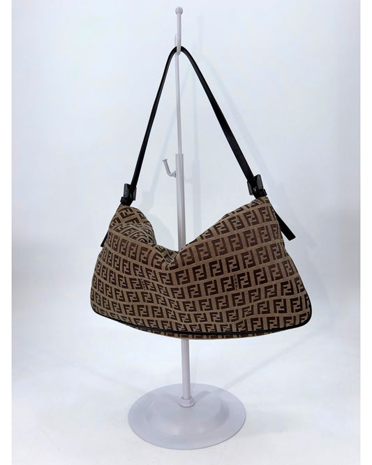 Fendi Zucchino Canvas Shoulder Bag Brown Tobacco FF Buckle Flap Vintage
