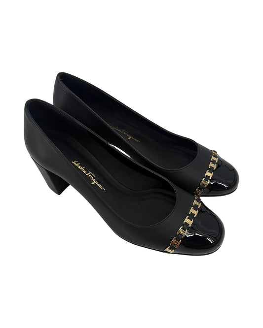 Salvatore Ferragamo Black Leather Patent Cap Toe Gold Chain Pumps Block Heel Size 8B