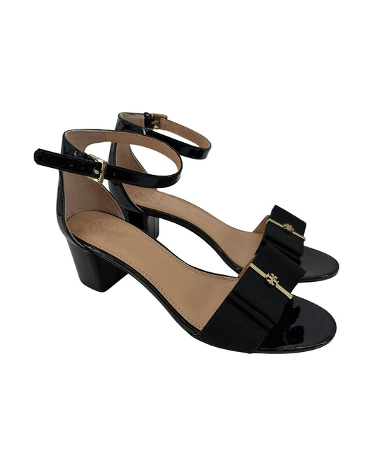 Tory Burch Black Patent Leather Bow Ankle Strap Sandals Block Heel Gold Logo Size 8.5