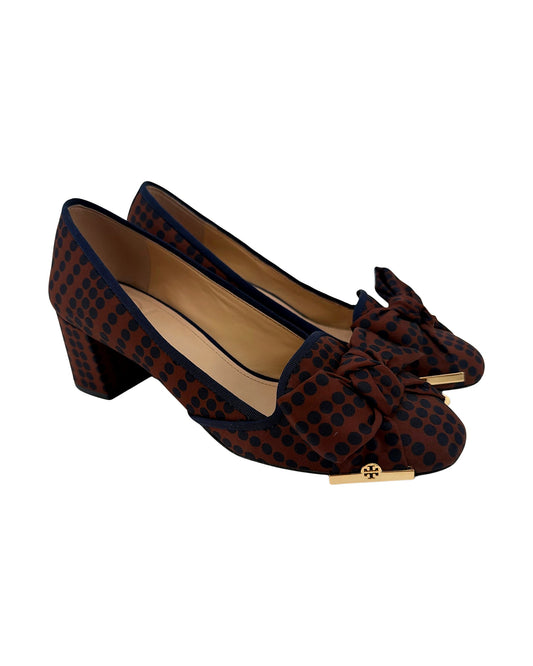 Tory Burch Rust Navy Polka Dot Bow Block Heel Pumps Gold Logo Toe Women's Size 8.5