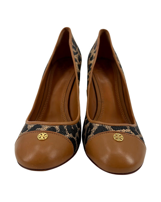 Tory Burch Leopard Woven Fabric Tan Leather Cap Toe Pumps Gold Logo Block Heel Size 9
