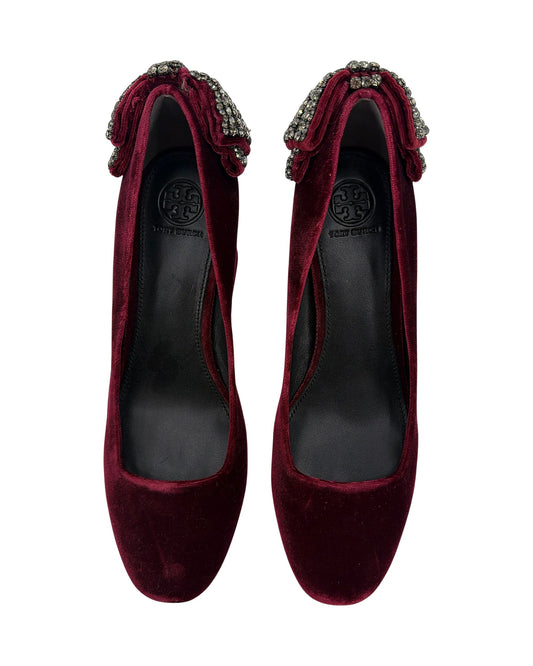 Tory Burch Josephine Burgundy Velvet Crystal Bow Block Heel Pumps Round Toe Size 8.5