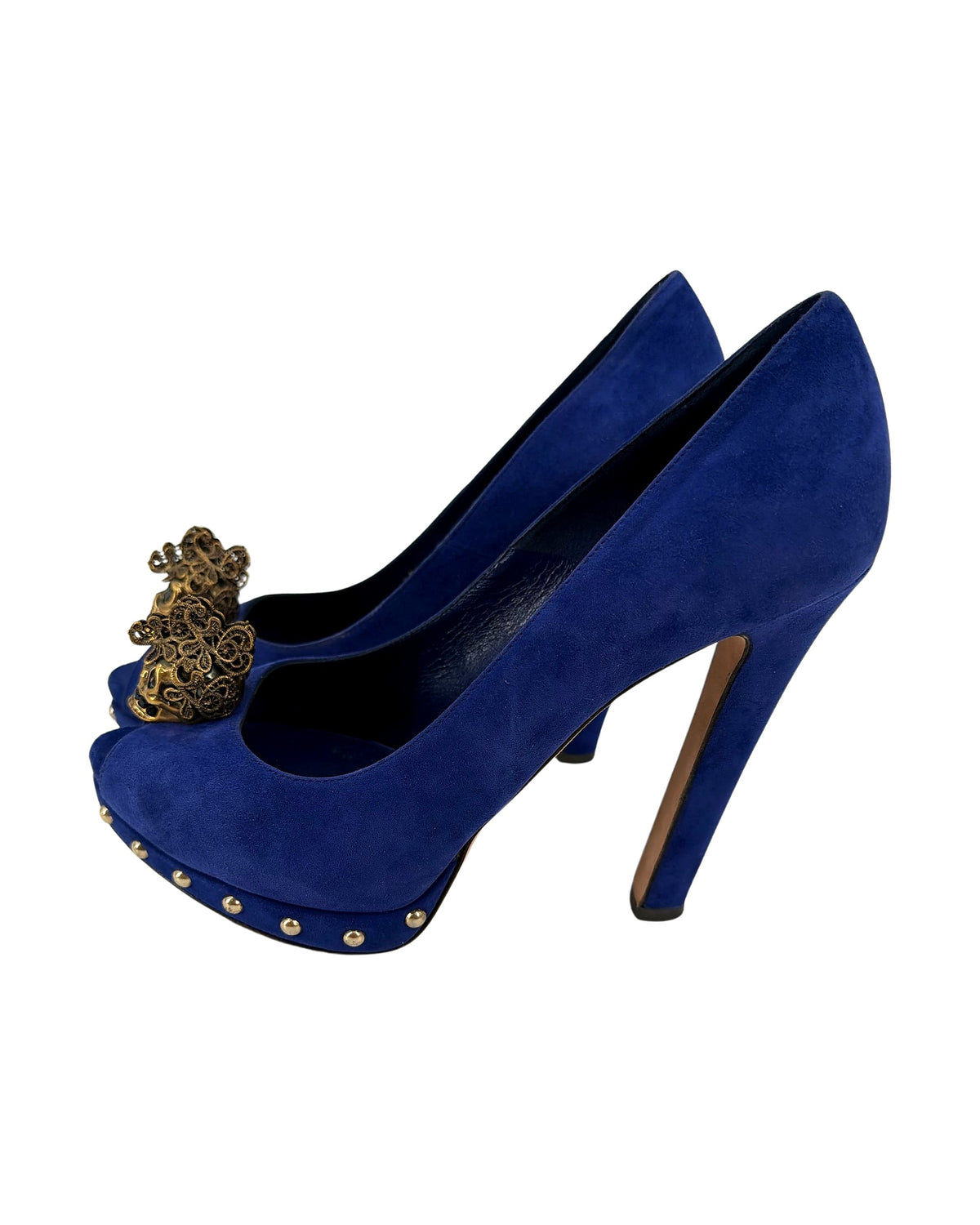 Alexander McQueen Cobalt Blue Suede Skull Peep Toe Platform Pumps Studded Size 38.5
