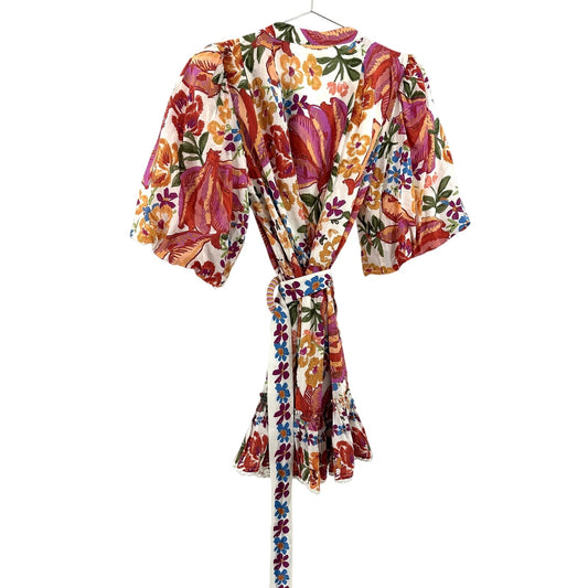 Farm Rio Floral Puff Sleeve Mini Shirt Dress Beaded Ring Belt 297141 Size M