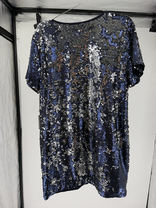 1.STATE Navy Silver Sequin V-Neck Shift Dress Lunar Navy NWT Size L