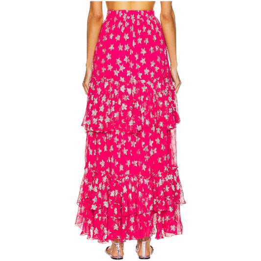 NWT Rococo Sand Pink Silver Star Pattern Ruffle Vega Maxi Skirt Women's