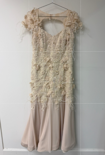 Custom Made Embroidered Floral Appliqués V-Neck Cap Sleeve Maxi Dress Beige