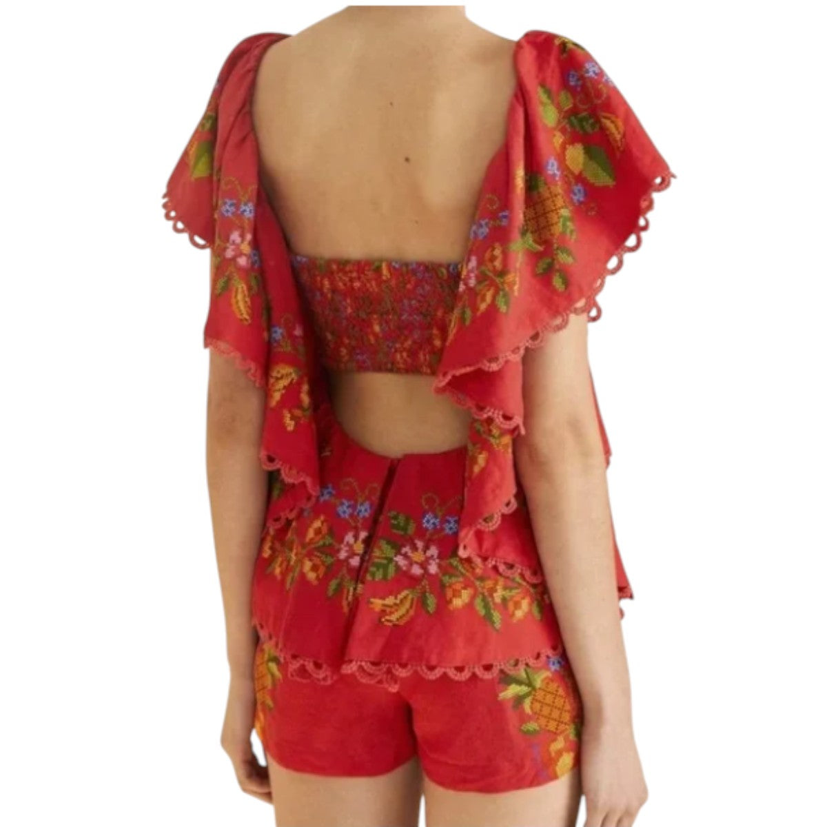 Farm Rio Red Tropical Romance Ruffle Smocked Romper Women's