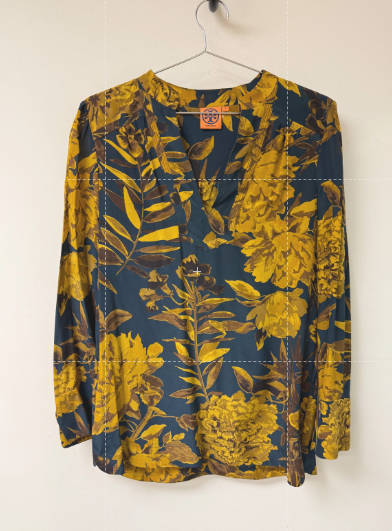 Tory Burch Navy Yellow Floral Print Collared V-Neck Long Sleeve Tunic Top Size 12