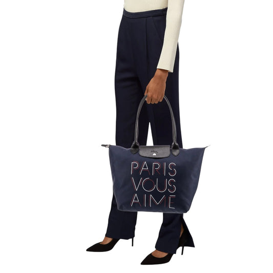 Longchamp x Paris Aéroport Canvas w/ PARIS VOUS AIME Print Medium Tote Bag Blue