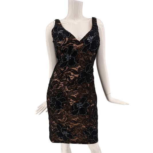 Jovani Lace Floral Overlay Beaded Sheath Mini Dress Black Nude Women's Size 12