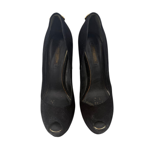 Louis Vuitton Suede Oh Really Heel Lock Peep Toe Pumps Black Women's Size 37