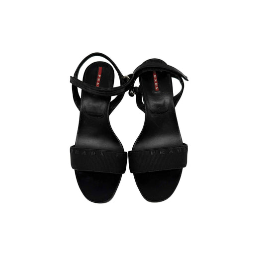 Prada Patent Leather Open Toe Ankle Strap Wedge Sandals
