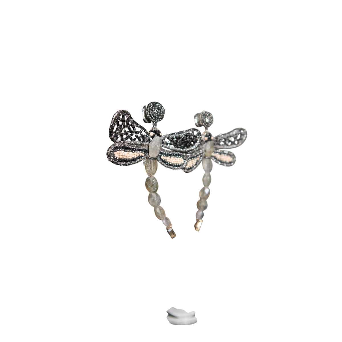 Deepa Gurnani Dragonflies Earrings Hand Embroidered Beaded Silver Gunmetal