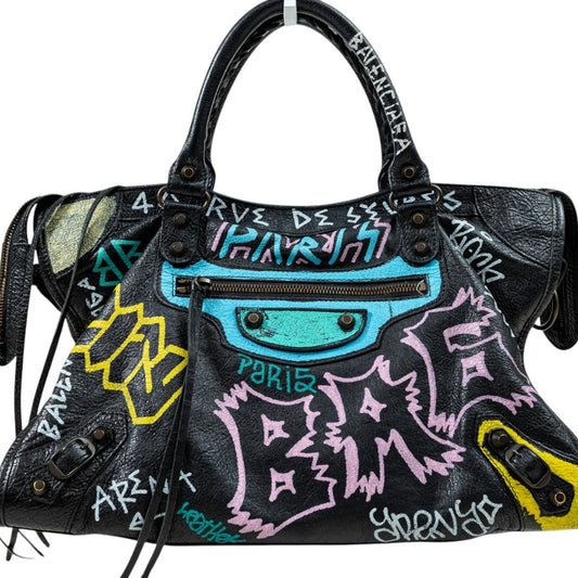 Balenciaga Leather Classic Graffiti All Over Accent City Large Bag Black