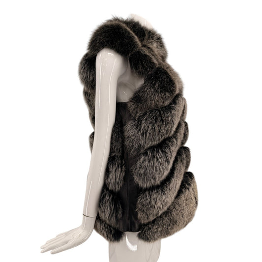 Belle Fare Luxury Real Fox Fur Full Zip Vest Silver Black Women's Size Large