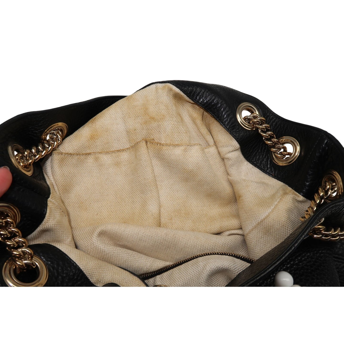 Gucci Soho GG Logo Chain Strap Shoulder Bag Black Pebbled Leather