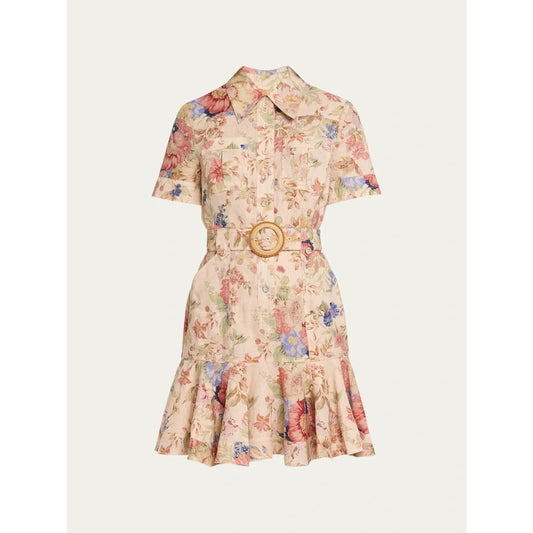 Zimmermann Blush Floral Belted Ruffle Hem Mini Dress Size 0