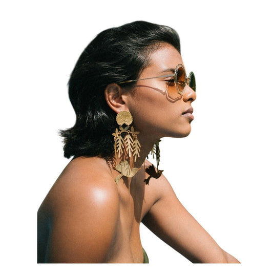 We Dream in Colour Bird's Eden Brass Bird Dangle Statement Earrings Gold Tone OS