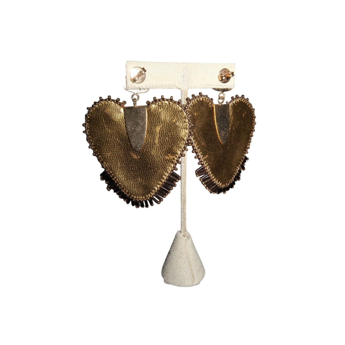 Beaded Heart Drop Earrings Brown Bronze White Fringe Handmade Statement OS