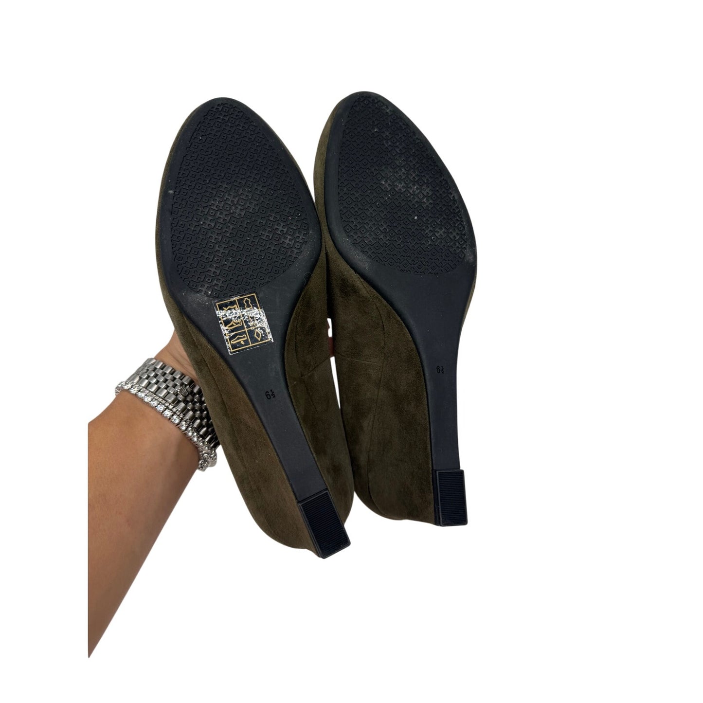 Tory Burch Suede Logo Accent Slip On Wedge Pumps