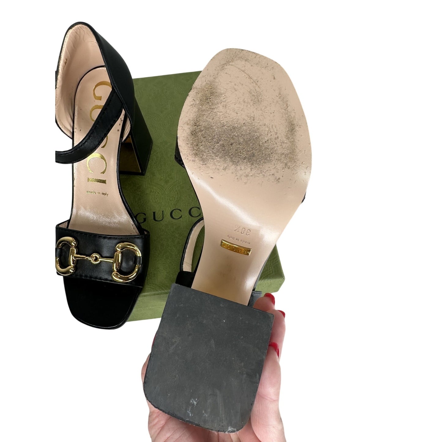 Gucci Leather Horsebit Accent Block Heel Ankle Strap Sandals