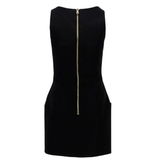 Balmain Black Wool Button Accent Square-Neck Sleeveless Mini Dress