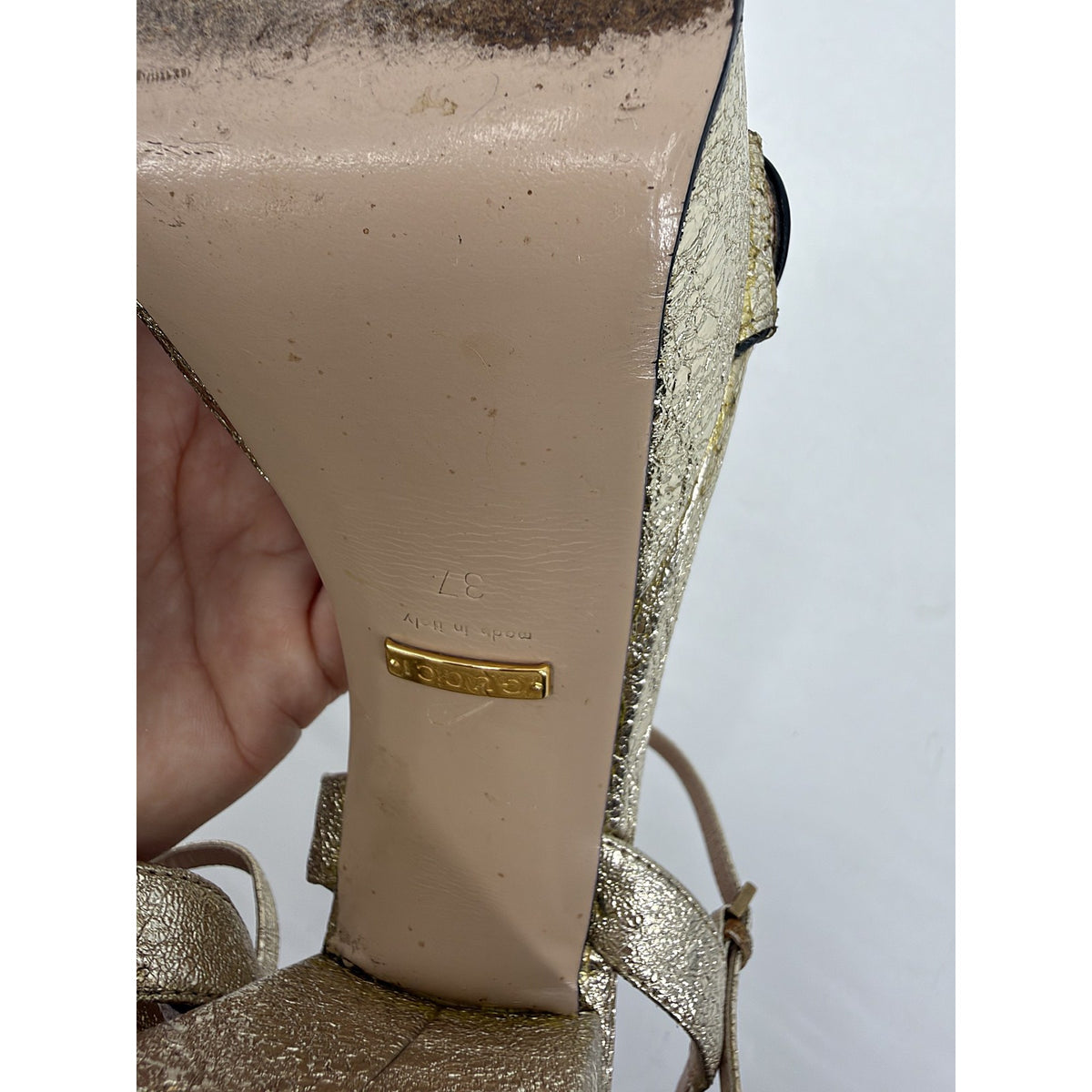 Gucci GG Marmont Platino Metallic Laminate Mid Heel Sandals Gold 37