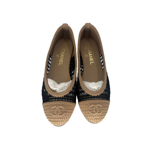 Chanel Raffia Crochet Woven CC Logo Cap Toe Ballet Flats