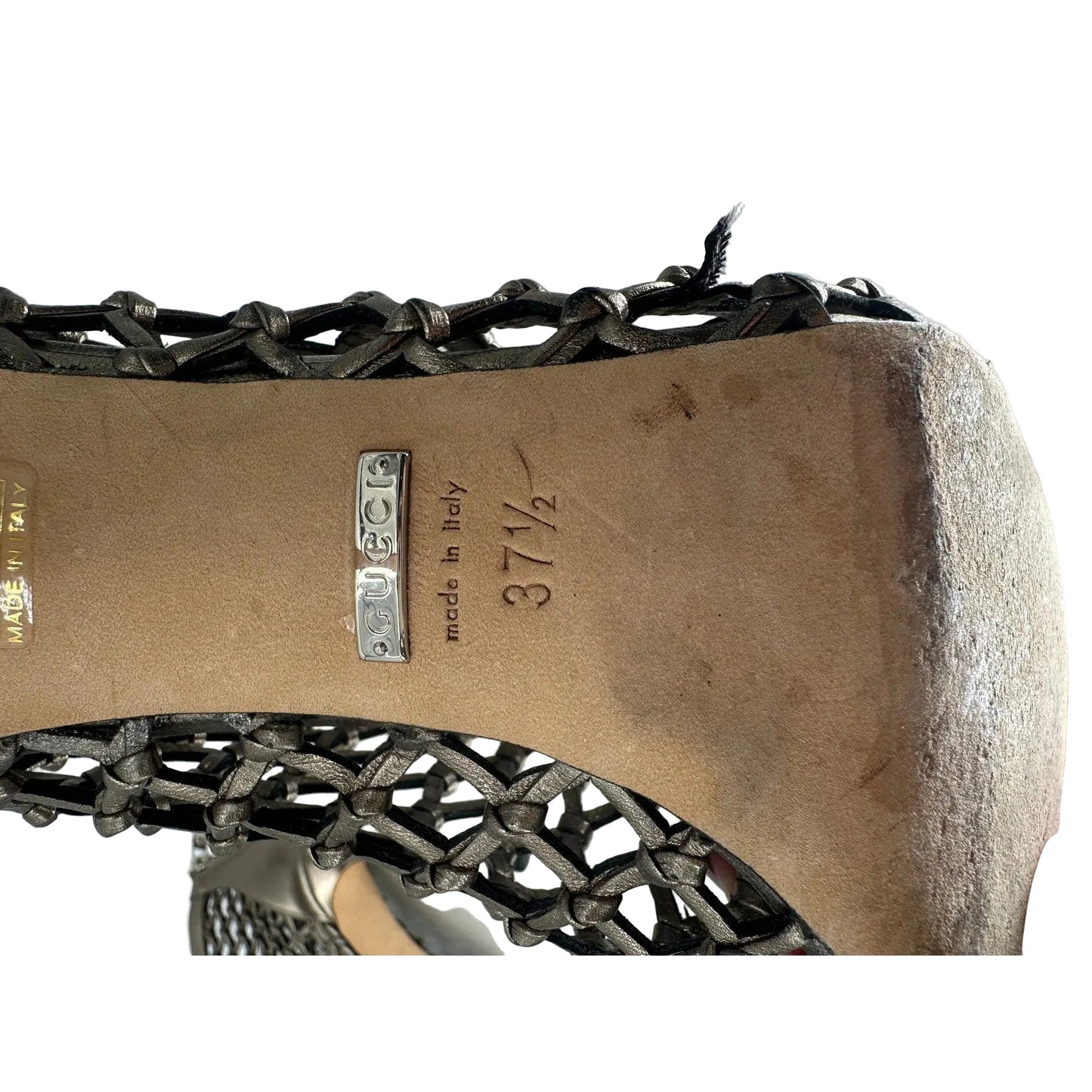 Gucci Leather Metallic Mesh Cage Peep Toe Booties Boots