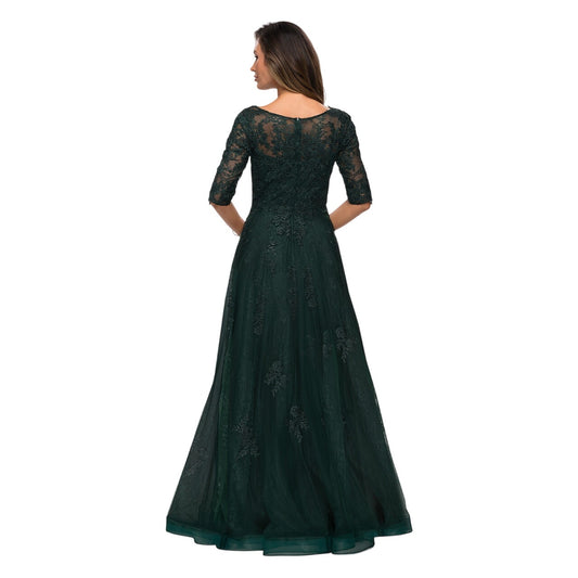La Femme Floral Lace Illusion A-Line Formal Maxi Gown