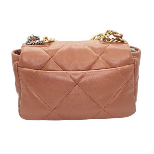 Rare Chanel Lambskin Leather Quilted CC Logo 19 Flap Handbag Caramel Brown