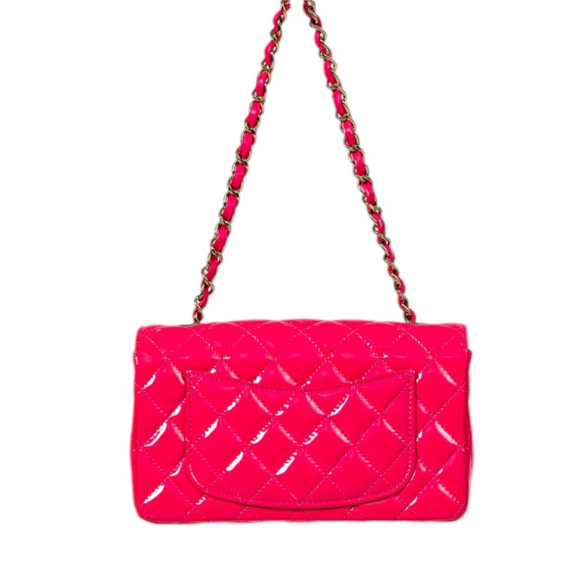 Chanel Patent Leather Quilted Interlocking CC Flap Mini Shoulder Bag Neon Pink