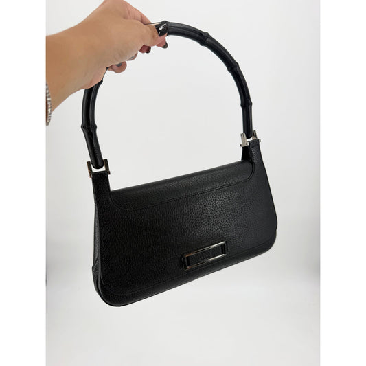 Gucci Bamboo Handle Black Pebbled Leather Shoulder Bag