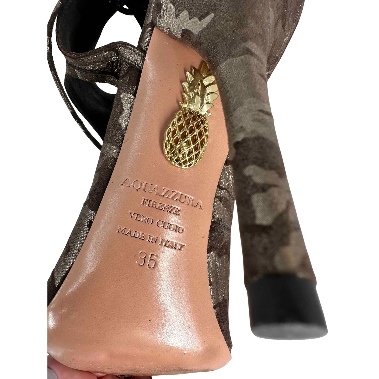 Aquazzura Sexy Thing 105 Metallic Camouflage Suede Cutout Sandal Women's Size 35