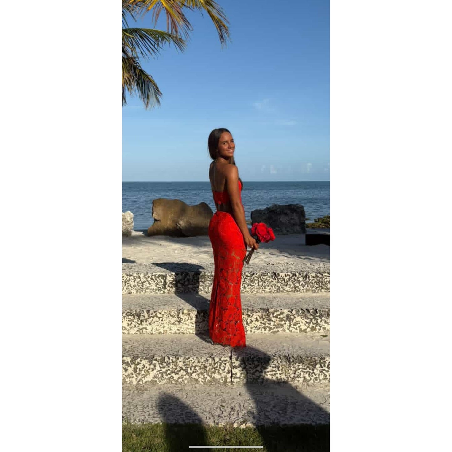 Retrofête Eliza Strapless Floral Lace Bodycon Maxi Dress in Orange, Women’s Size S